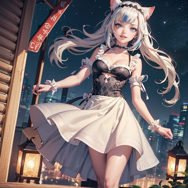 Gawr Gura, VTuber, medium hair, white hair, blue hair, multicolored hair, twintails, pin hair, sharks details on her dress,ornament hair, cat ears, perfectly body, perfectly hands,  flowing hair, maid, white maid dress, white maid headdress, maid apron, white apron, holding her skirt, Paris scenery, Eiffel tower on the background, seat, red roses on focus, lantern, more detailed background, Chinese maid dress, white dress, more details on her clothes, white dress with transparency, golden details on her clothes, night, smiling, ((4k, masterpiece, top-quality)),8k, best quality, high resolution, HD, (illustration:0.8), super cute girl, delicate and beautiful face, mature girl, super cute hairstyle, (beautiful detailed eyes:1.6), extremely detailed face, perfect lighting, extremely detailed CG, (perfect hands, perfect anatomy), Best quality, cleavage, small skirt, full Body, two arms, two legs, two hands, five fingers