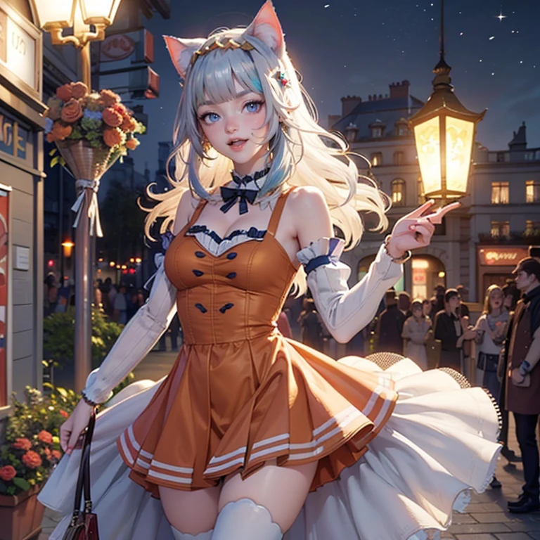 Gawr Gura, VTuber, medium hair, white hair, blue hair, multicolored hair, twintails, pin hair, sharks details on her dress,ornament hair, cat ears, perfectly body, perfectly hands,  flowing hair, maid, white maid dress, white maid headdress, maid apron, white apron, holding her skirt, Paris scenery, Eiffel tower on the background, seat, red roses on focus, lantern, more detailed background, Chinese maid dress, white dress, more details on her clothes, white dress with transparency, golden details on her clothes, night, smiling, ((4k, masterpiece, top-quality)),8k, best quality, high resolution, HD, (illustration:0.8), super cute girl, delicate and beautiful face, mature girl, super cute hairstyle, (beautiful detailed eyes:1.6), extremely detailed face, perfect lighting, extremely detailed CG, (perfect hands, perfect anatomy), Best quality, cleavage, small skirt, full Body, two arms, two legs, two hands, five fingers