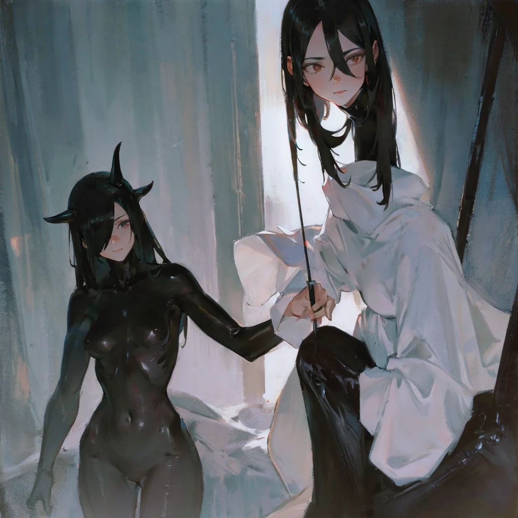 A female haunting, a black shadow with bright white eyes. (Bullish, slim, pointy fingers) completely black silhouette-like. The eyes are like two bright white dots and the face cannot be seen, Besides, her long black hair spreads down to her knees.
{sculpted body; work of art; bottom is im dark hallway; She's standing in the middle of the hallway, the face does not appear and the glowing white eyes look at the viewer. A tall creature, humanoid, slim com um vestido preto q im como o corpo não aparece em detalhes, just a silhouette.