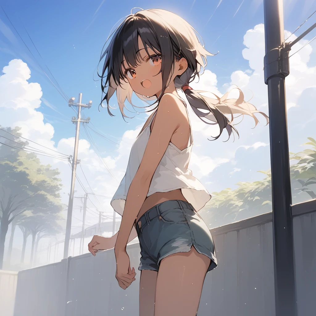 score_9, score_8_up, score_7_up, source_anime, best quality, masterpiece, official art, absurdres, highres, ultra-detailed,waifu2x,Collection: Slice of Life,break,1girl, tomboy, dark-skinned female, short hair, low ponytail, flat chest, beautiful detailed eyes, short shorts, sweat, open mouth, (yawn:0.3), sleepily, outdoors, wind, break,(clear line illustration:1.2),very high resolution, very aesthetic, super detailed skin, Best sexual lighting powered by famous artist, 8k,cute picture,beauty illustration,photoshop_(medium),,(Detailed Lighting),best anime 8k konachan wallpaper, pixiv contest winner, 