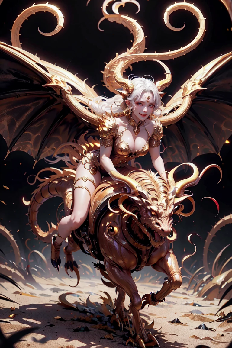 golden dragon humanoid sexy girl, movement pose, riding a dragon with wings, 