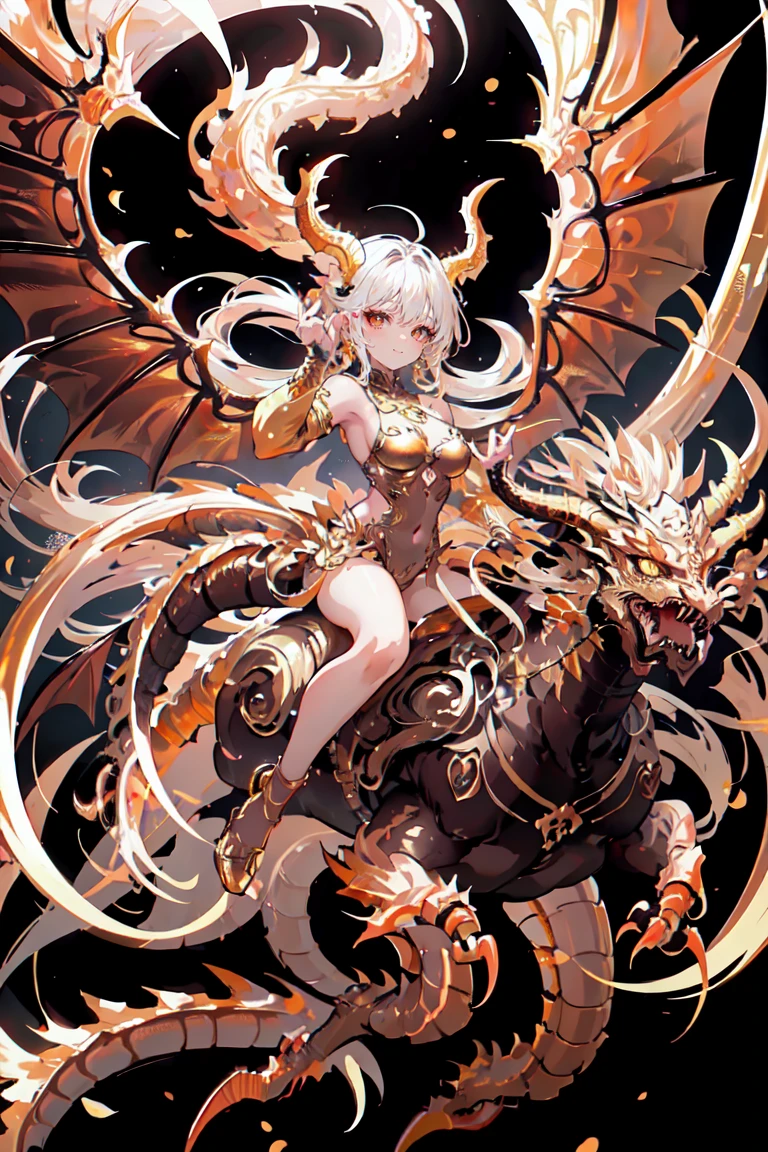 golden dragon humanoid sexy girl, movement pose, riding a dragon with wings,