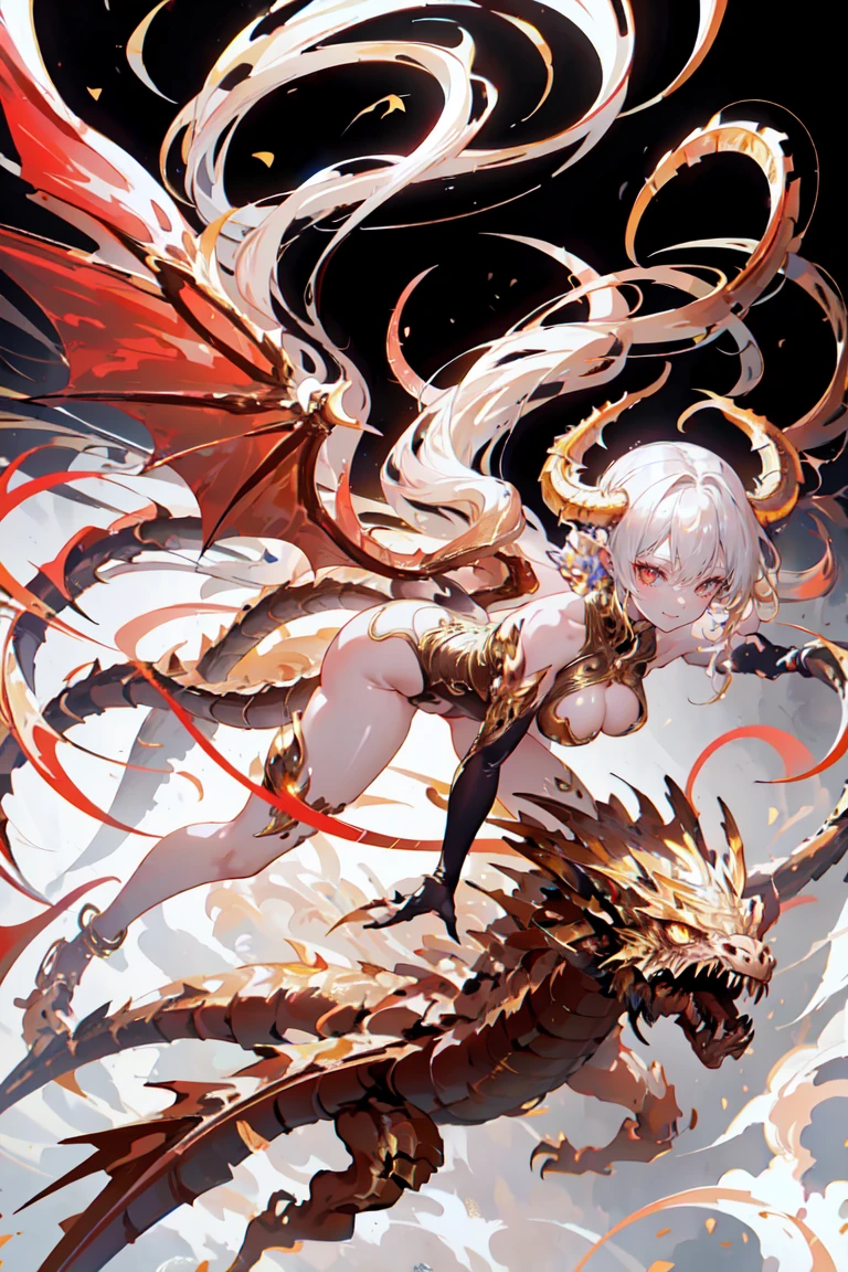 golden dragon humanoid sexy girl, movement pose, riding a dragon with wings,