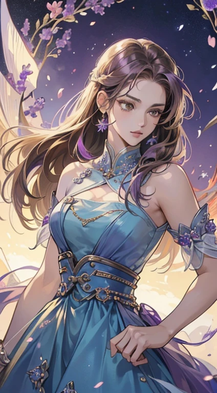 ((best quality)),(ultra high resolution),(Super detailed),((best anime)),Sharp Nice,vivid:1.1,Stunning depiction of art,fantasy art,fantastic background, (1 adult female:1.5),clean face,(beautiful light brown eyes，meticulous and detailed:1.5),(shiny violet hair:1.5),(Beautiful light blue dress，Dense and detailed:1.3)look here:1.5,The embroidery is detailed and beautiful,luxury accessories