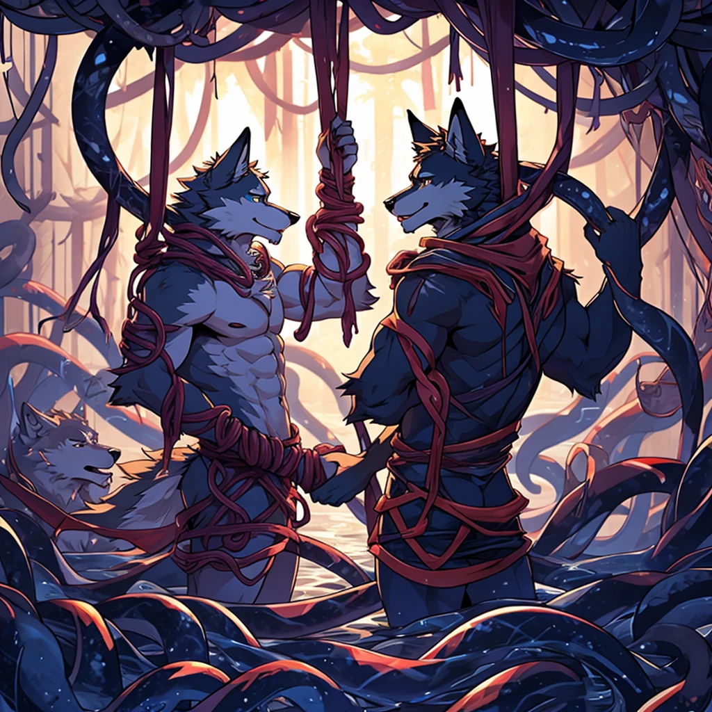 two wolves caught in tentacles and fucked in limbo, tentacles by the hands hanging hands clasped tentacles more tetacles less details Without clothing