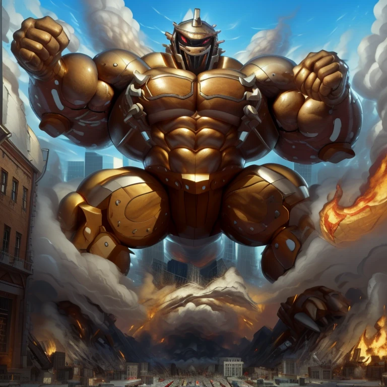 SOLO (masterpiece. official art. 8k. best quality. detailed full body. full body.)

(situation 1 : dominating Armored Flazzard. Armored Flazzard is over 1000 meters long. focus GIANT mechanical Muscular Armored Flazzard is trampling the city. Looking down. macro. stomp. Low-angle perspective. emphasizing the immense size.)

(situation 2 :smoke and flames rising from the destruction in the city)

(Additional details 1: real texture material. whole body shines like metal. emphasizes the muscles. suit fully made of metal.).

(Additional details 2: Detailed head. Detailed Body. Detailed abs. gigantic muscles. HYPER MUSCLES. Gigachad Muscular. big muscle. pecs. triceps. traps. unusually developed muscular body. body full of huge muscles. showing off muscles. pectorales enormes. Exaggeratedly huge muscles. huge muscles. long legs.).
On his back he wears a golden cloak.