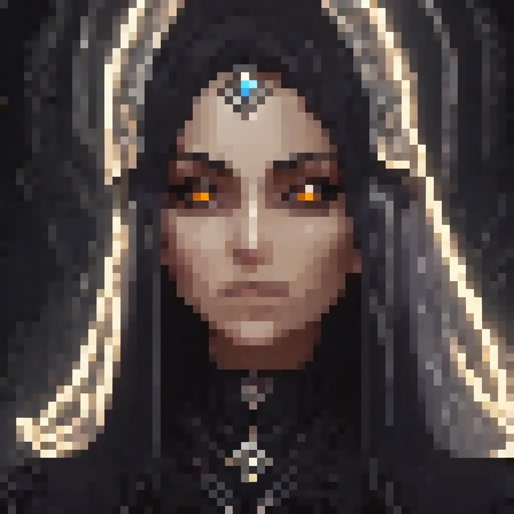 detailed portrait of an woman, detailed facial features, shadowy arcane powers, black monochromatic color scheme, dark robes, dramatic lighting, long dark robes, glowing eyes, intricate pixel art style, highly detailed, masterpiece, 8k, photorealistic, dark fantasy, cinematic, intricate pixel art style, highly detailed, masterpiece, 8k, photorealistic