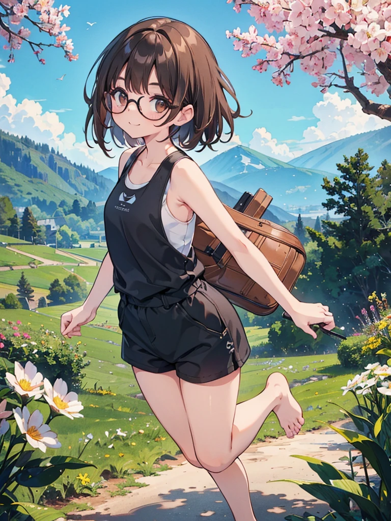 1 woman、brown hair(long)、brown eyes、black round glasses、 best quality、Super detailed、8K resolution、Raw photo、muste piece、seductive 、sleeveless tank top, demin overall short, gorgeous face、perfect body、spring scenery、barefoot, stroll、smile