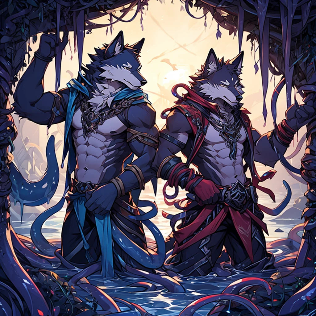 two wolves caught in tentacles and fucked in limbo, tentacles by the hands hanging hands clasped tentacles more tetacles less details Without clothing
