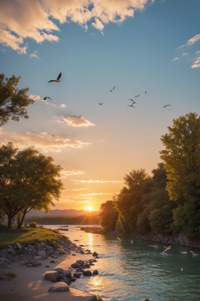 Create a landscape for me to draw.sunset, with birds, fish in the river, and 2 people living in harmony, like brothers 