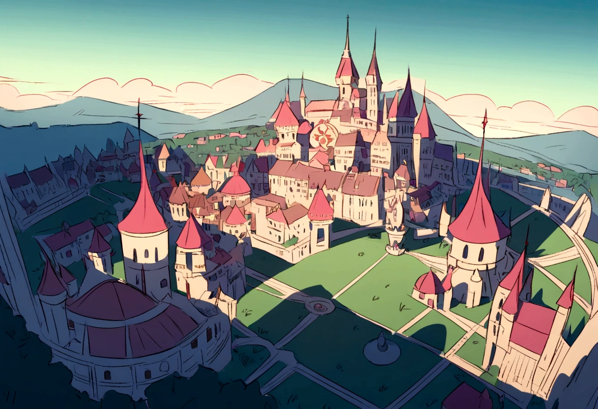 Make the background a city in the style of the cartoon series Gravity Fallas and Star vs the Forces of Evil with an aerial view