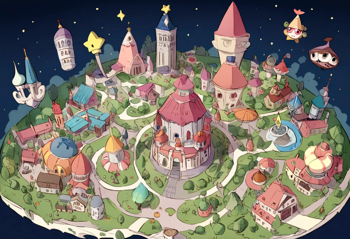 Make the background a city in the style of the cartoon series Gravity Fallas and Star vs the Forces of Evil with an aerial view