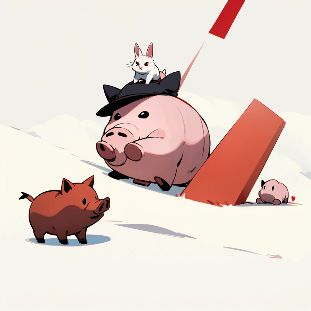 Red stickman whit a pig, a cat and a bunny on his head