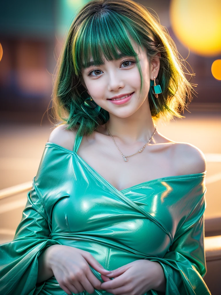 female idol、Full body esbian、smiling face、Lipgloss、very large necklace (turquoise blue and light green)、Very large earrings (turquoise blue and light green)、shiny latex tight mini dress（turquoise blue and light yellow）、colorful hair (turquoise blue and light yellow)、conceptual art, high quality, realist, Extremely detailed 8k unified CG wallpaper, Very detailed, High definition raw color photographs, professional photography, realist portrait, cinematic light, Beautiful detailed, super detail, High details, (((bokeh))), Depth of fields, lightning, Neon Street, Super stylish lighting、Imminent penetration, lying, on back, 