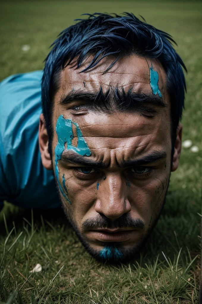 beaten man dropped on grass. ultra realistic. bad lighting. night. flashback. bloody face. blue short hair. lil blurry. not detailed. broken nose. stuffed face ball. beaten. only face and neck. deals. ayes closed. unconsciouss.