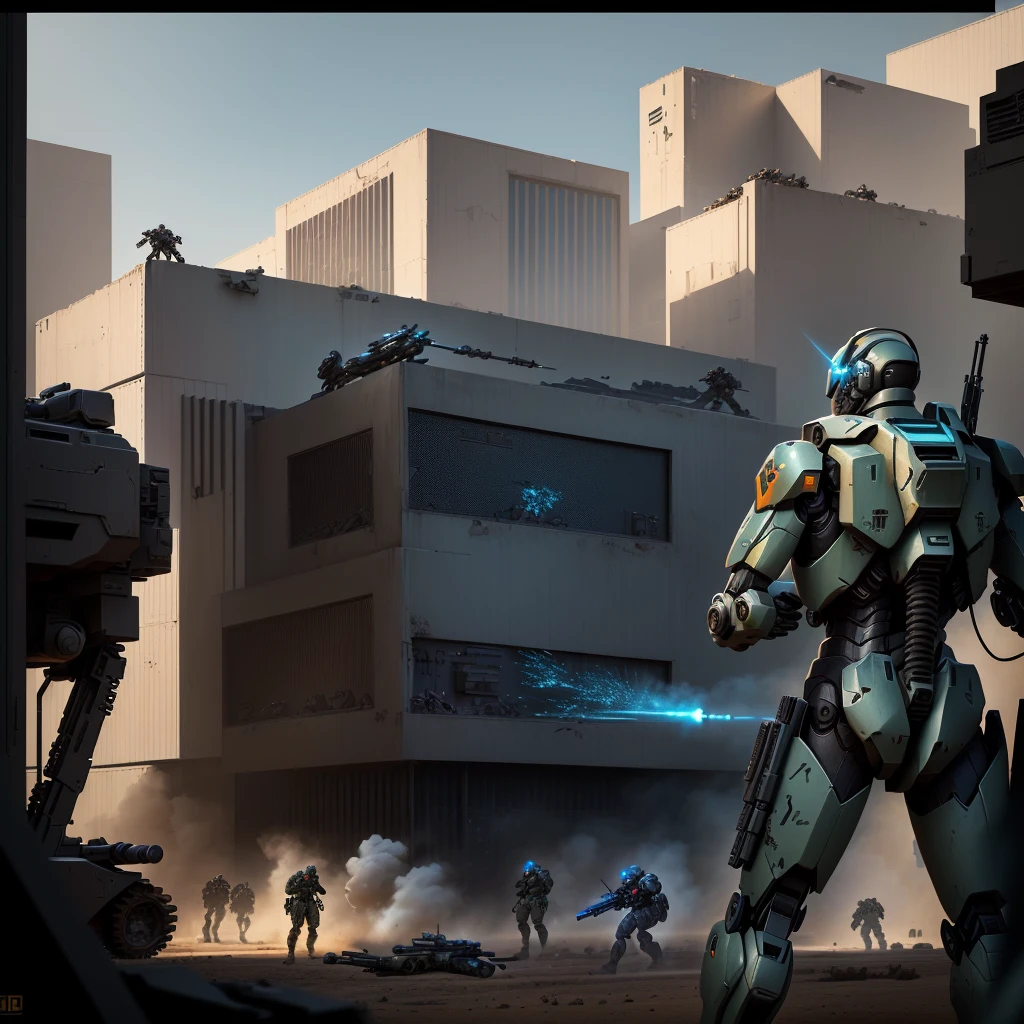 arafed image of a man with a gun and a machine gun in front of a building, soldiers and mech fight, mech machines firing bullets, futuristic battlefield, war mechs fighting, fps game concept art, high quality digital concept art, mech concept art, battletech style, concept art wallpaper 4k, 4 k concept art, 4k concept art
