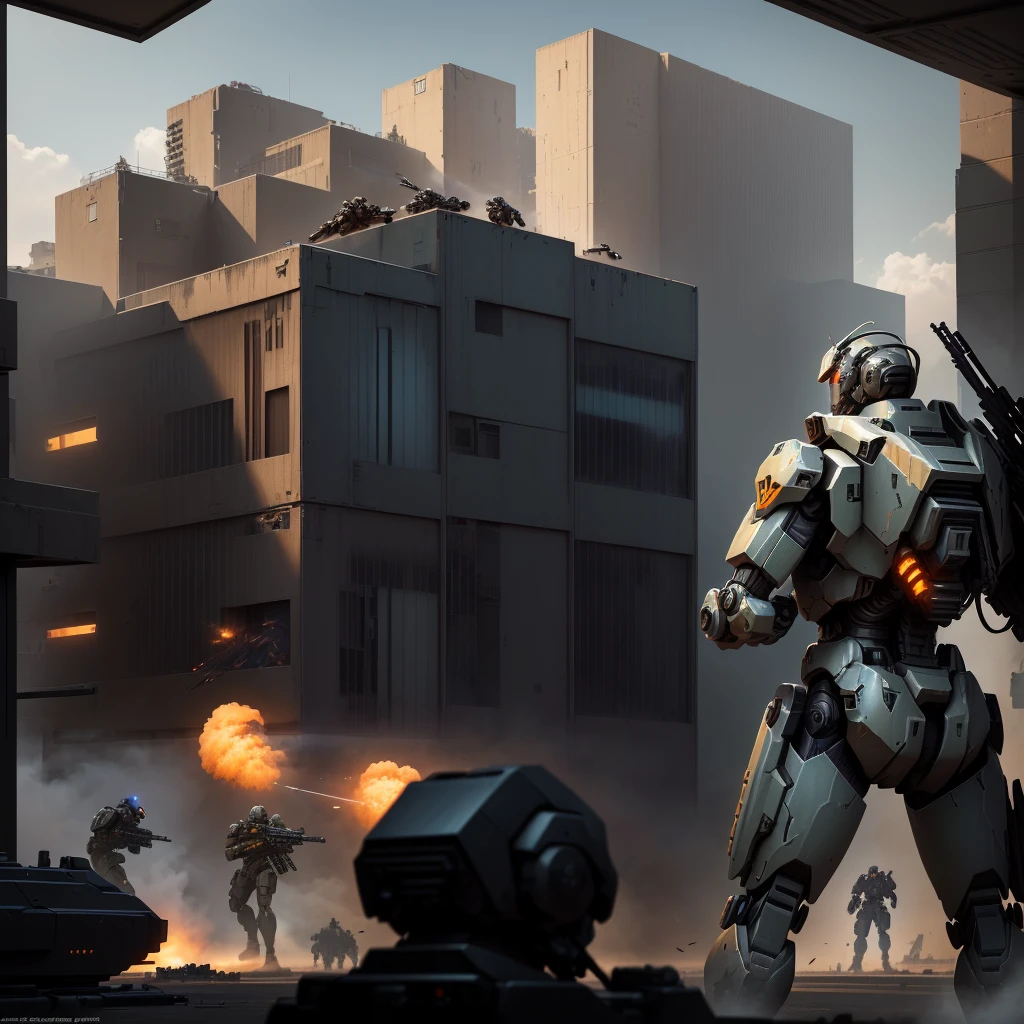 arafed image of a man with a gun and a machine gun in front of a building, soldiers and mech fight, mech machines firing bullets, futuristic battlefield, war mechs fighting, fps game concept art, high quality digital concept art, mech concept art, battletech style, concept art wallpaper 4k, 4 k concept art, 4k concept art