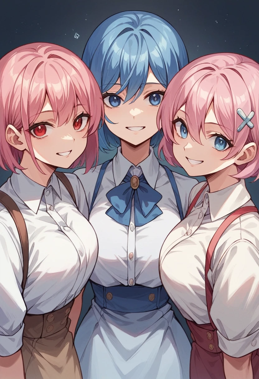 Three anime girls 1 pink hair color smiling tenderly 2 this would be long blue hair and red eyes 3 short hair smiling hair color gold blue eyes (artwork) anime