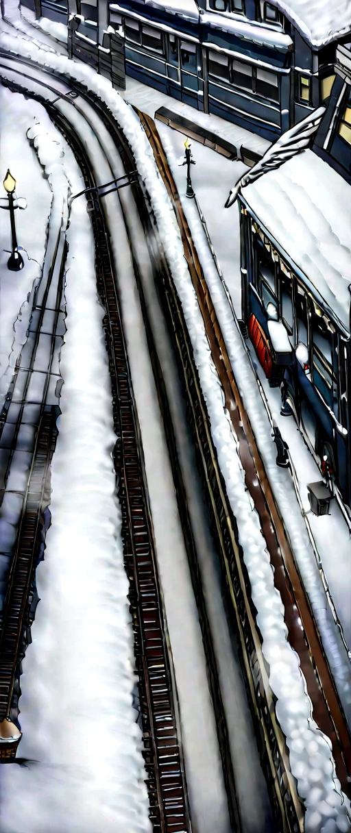 winter storm ,Early morning in the snow,Snow covered the entire ground.,There is a train accident on the tracks.,The train was smoking,next to the train,There was one with a padded jacket.,4k, aerial view bird's eye view