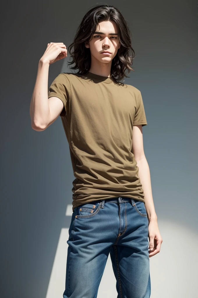 I want you to make an image in the style of a 2D cartoon like the Cartoon Network cartoons, of a tall 15 year old boy, with a and jeans, He has medium wavy masculine hair