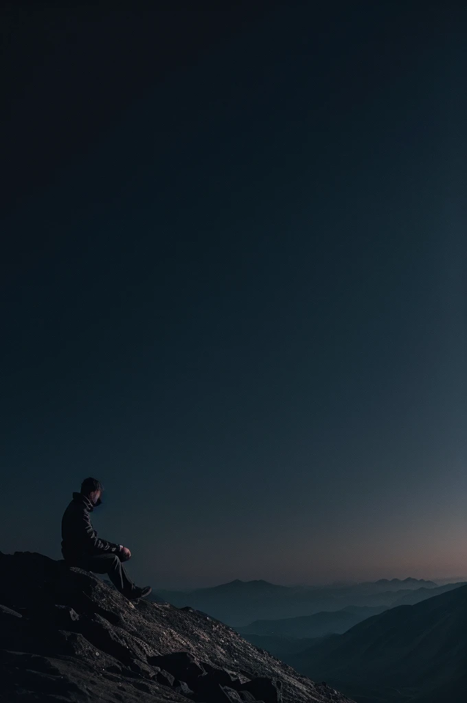 Solitary Man, sitting on the edge of a dark abyss, black edges, twilight, cold and black colors