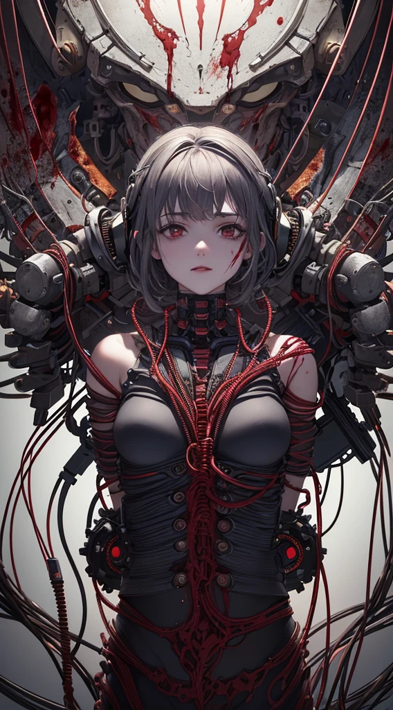 (((Masterpiece))), ((Best Quality)), (Super Detail), (CG Illustration), (Very Evil and Beautiful)), Cinematic Light, ((1 Mechanical Girl)), Single, (Mechanical Art: 1.4), ((Mechanical limb)), (Blood vessel attached to a tube), ((Mechanical spine attached to the back)), ((Mechanical cervical vertebrae attached to the neck), (Back to the viewer)), expressionless, ( Wires and cables attached to the head and body: 1.5), Science Fiction, Apocalypse, Ruins, (Lower Body Integrated with Mechanical Devices), (Blood: 1.5), Cruelty, Absurdity, Eroticism, Fusion with Machines, Doomsday Time, Super Future, Inorganic, Laboratory, Restraint, (Beautiful Indulgence: 1.2), (1 Girl: 1.3), Body Wrapped Around Mechanical Tentacles