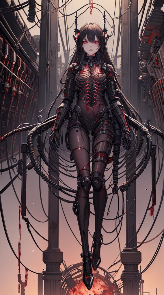 (((masterpiece))), ((best quality)), (ultra-detailed), (CG illustration), (an extremely devious and beautiful)), cinematic light, ((1 mechanical girl)), single, (machine-made joints: 1.4), ((mechanical limbs)), ( blood vessels attached to the tube), ((mechanical spine attached to the back)), ((mechanical cervical vertebrae attached to the neck), ((back to the viewer)), expressionless, (wires and cables attached to the head and body: 1.5), science fiction, apocalypse, ruins