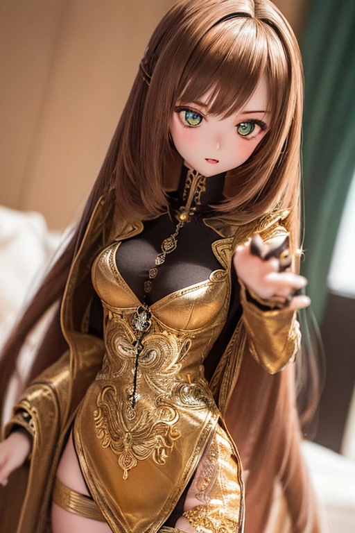 photorealistic, realistic photo, ((highest quality)), ((masterpiece)), detailed, kukolnydom, doll, (mature woman, 22yo, 22 years old:1.6), solo, ((cowboy shot, dynamic pose, skinny, slender, slim)), (parted lips), green eyes, brown hair, (looking at another, gradient eyes, shining eyes, detailed eyes, detailed face:1.3), dress, museum, 8k