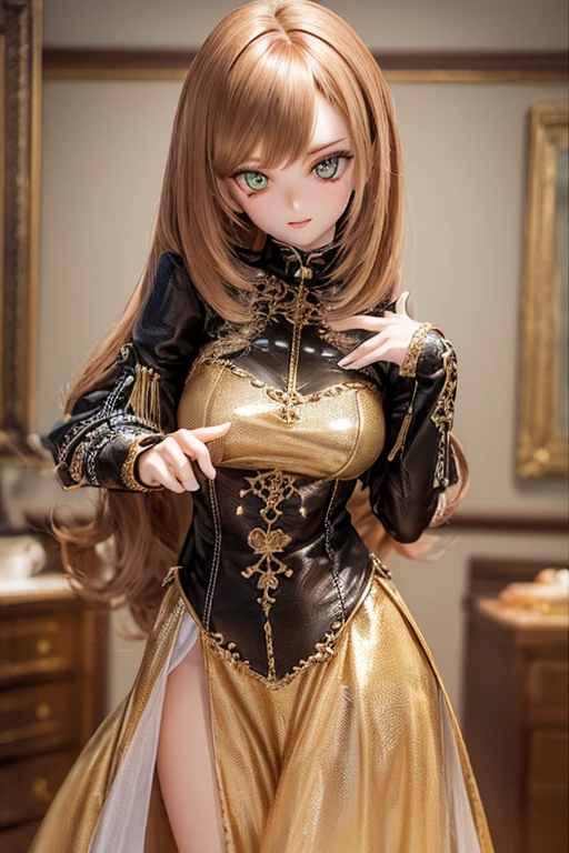 photorealistic, realistic photo, ((highest quality)), ((masterpiece)), detailed, kukolnydom, doll, (mature woman, 22yo, 22 years old:1.6), solo, ((cowboy shot, dynamic pose)), (skinny, slender, slim, parted lips), green eyes, brown hair, (looking at another, gradient eyes, shining eyes, detailed eyes, detailed face:1.3), dress, castle, 8k