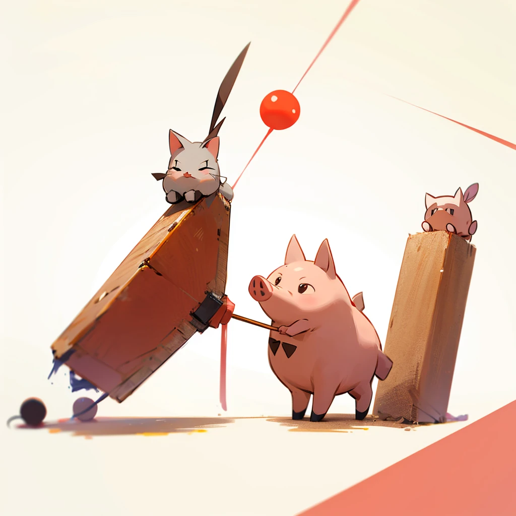 Red stickman whit a pig, a cat and a bunny on his head