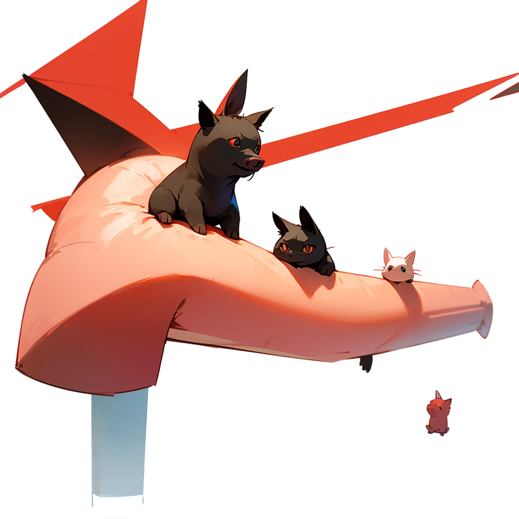 Red stickman whit a pig, a cat and a bunny on his head