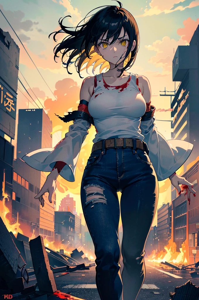 ((1 GIRL)) ((2d anime girl)), ((Japanese)) (( physically mature female)) (( somewhat large breasts)), 25-year-old, ((2d anime girl)), ((short dark-haired)), ((windswept hair)) ((ultra high quality))((flawless))((4k UHD)) ((Best Quality)) ((Daytime)) ((eyes glowing yellow )), wearing a ((black long sleeve shoulderless, blank T-shirt))((no logo)) wearing ((blue jeans)) and black and yellow sneakers with (((blood splattered))) on it and her face, standing in the street ((facing front and center toward the camera)) in a ((ruined city)) filled with ((heavily damaged)) and worn (( tall skyscrapers with gaping holes in their structures while on fire)) and ((crushed vehicles on fire)) and small and ((raging fires all around)) and an ((intimidating)) look on her face, with a giant monster kaiju-beast in the distance looking furocious.