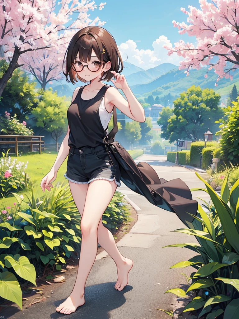 1 woman、brown hair(long)、brown eyes、black round glasses、 best quality、Super detailed、8K resolution、Raw photo、muste piece、seductive 、sleeveless tank top, demin overall short, gorgeous face、perfect body、spring scenery、barefoot, stroll、smile