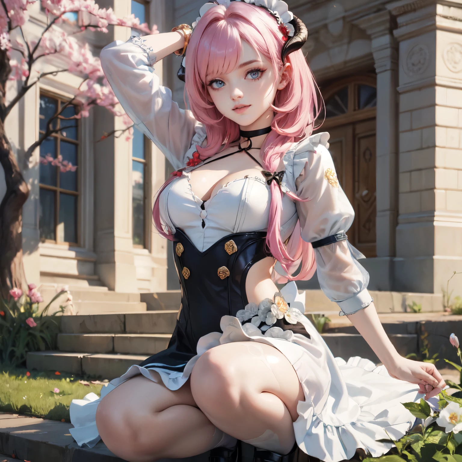  long hair, pink hair, red horns, long flowing hair, floating hair, ornament hair, perfectly body, perfectly hands, dark pink rose on hair, maid, maid dress, maid headdress, maid apron, white apron, on street, petals in the air, blossom peach tree, centered girl, a lake on the background, spring scenery, maid dress, red dress, more details on her clothes, dress with transparency, golden details, daylight, smiling, cape, ((4k, masterpiece, top-quality)),8k, best quality, high resolution, HD, (illustration:0.8), super cute girl, delicate and beautiful face, 1girl, solo, mature girl, super cute hairstyle, (beautiful detailed eyes:1.6), extremely detailed face, perfect lighting, extremely detailed CG, (perfect hands, perfect anatomy), Best quality, cleavage, small skirt, full Body,