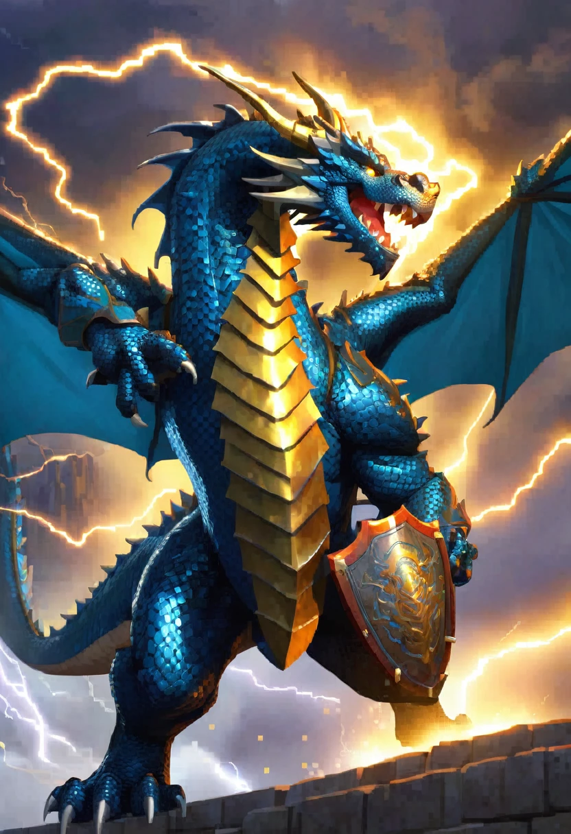 old large dragon breathing animated lightening, on a hero who is holding a shield to protect themselves from the lightening