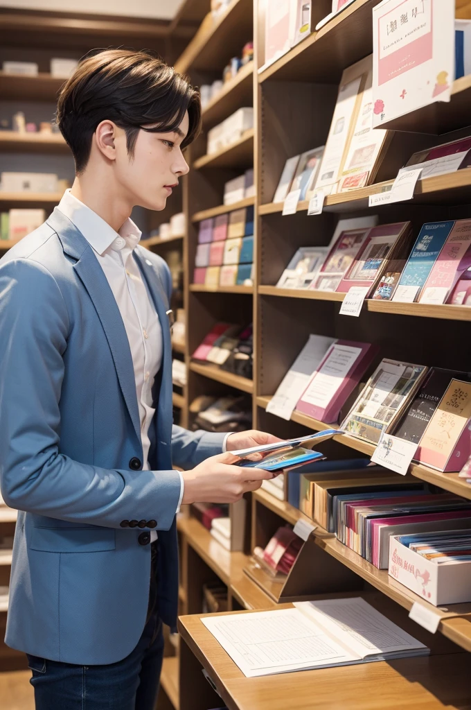 A male doll works in a personalized stationery store