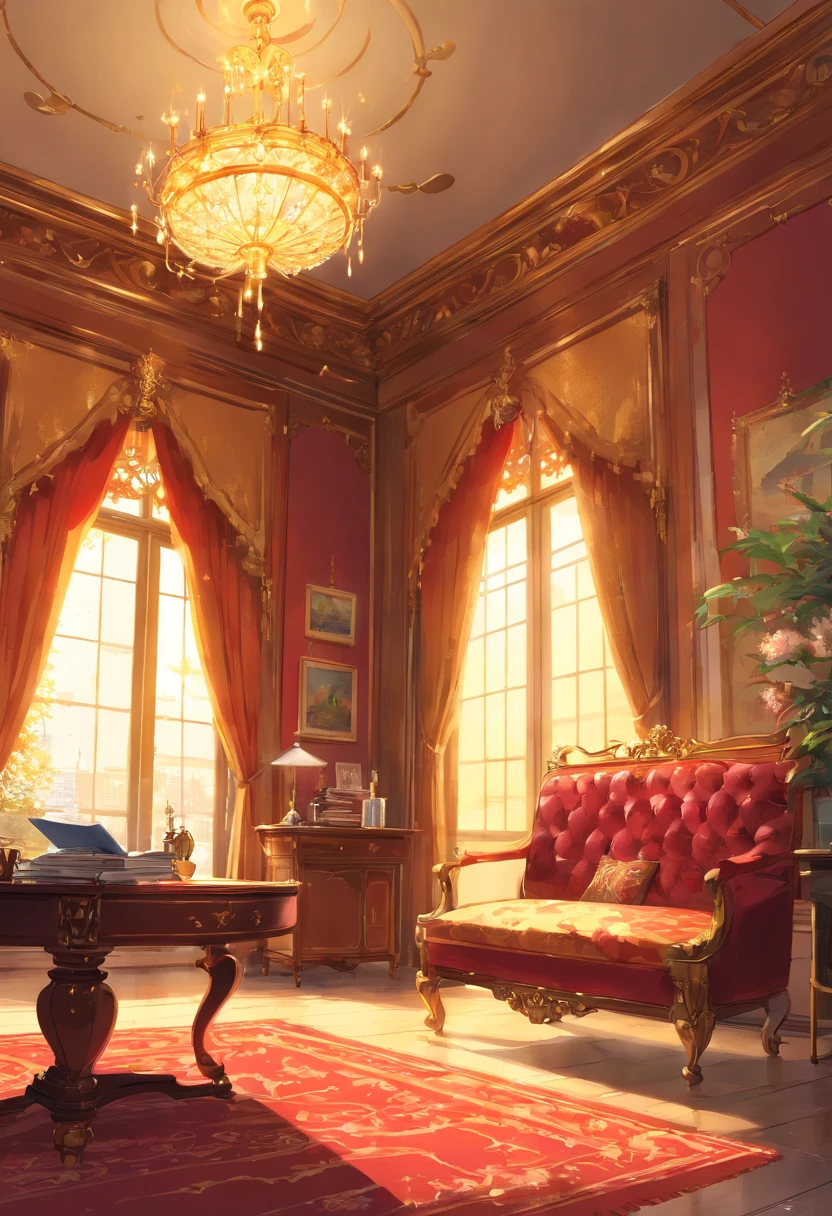 And now I felt a gentle push at the small of my back, and a tug at my hand, as if the room itself was inviting me in. “No--my shoes--” I began, but the push and the tug became firmer and I found myself stepping awkwardly across the threshold, onto the embroidered crimson velvet. The furniture was as grand as the room itself, carved and gilded and polished until it glowed in the sunlight streaming in the windows. There was an enormous bed on a dais, canopied in gold with a sheer white counterpane; the largest dressing-table I could imagine, covered with brushes and combs and cut-glass bottles of perfume and cosmetics; a writing-desk so elegant I could hardly imagine sitting at it; and rich golden velvet sofas and chairs scattered throughout the room, so that I could sit nearly anywhere if the mood suddenly struck me. I took another step into the room, my eyes wandering from the gorgeous walls to the magnificent furniture to the lofty ceiling hung with crystal chandeliers--the room was so large it needed five of them.