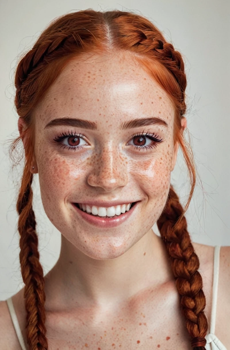 Beautiful girl, (freckles), big smile, ruby eyes, Hair braids, dark makeup, super detailed photography, soft light, head and shoulders portrait, lid