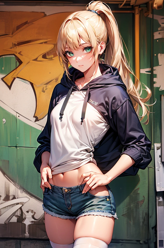 ((perfect anatomy:1.5,realistic,:1.3,RAW Photography:1.3,masterpiece、highest quality、Ultra - High resolution、High resolution、Highly detailed CG、8K)),cowboy shot,1 female,solo,20 year old beauty,(beautiful detailed face and eyes,big and gorgeous eyes),dark blue eyes,(blonde hair,ponytail hair,long hair,bangs),(medium breasts,slender body,small head,skinny, gleaming skin,oily skin,shiny skin)、standing position,((yellow-green hooded sweatshirt,Oversized hooded sweatshirt,Length that covers the buttocks:1.3、micro shorts、white_thighhighs)),bustling street、graffiti、Tokyo、