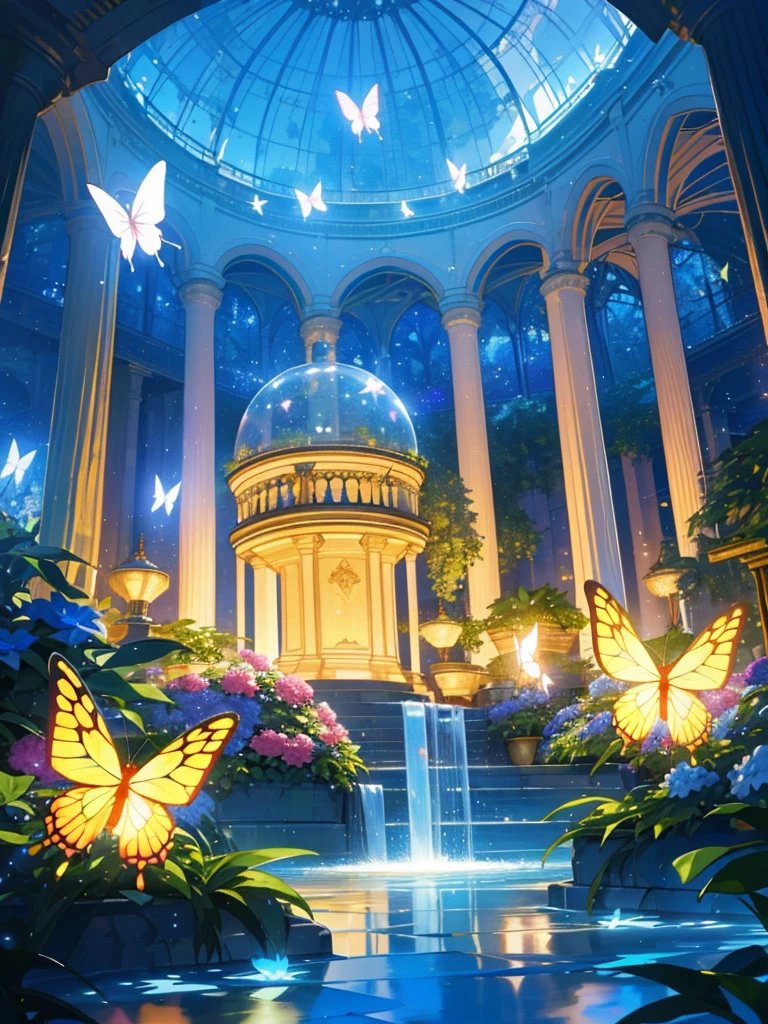 (top quality, masterpiece, ultra-realistic), night, starry skies, magical indoor botanical garden, dome, sparkling water fountain, lots of flowers, glowing butterflies, background landscape is a garden with petals and papas flying around. --v6