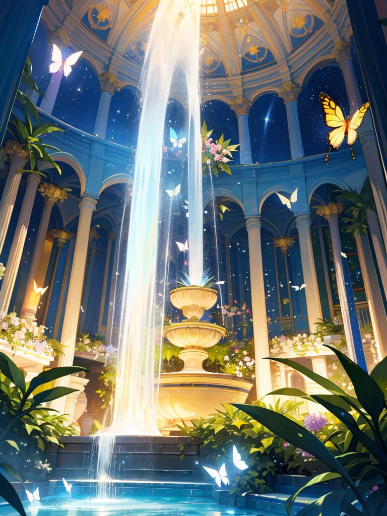 (top quality, masterpiece, ultra-realistic), night, starry skies, magical indoor botanical garden, dome, sparkling water fountain, lots of flowers, glowing butterflies, background landscape is a garden with petals and papas flying around. --v6