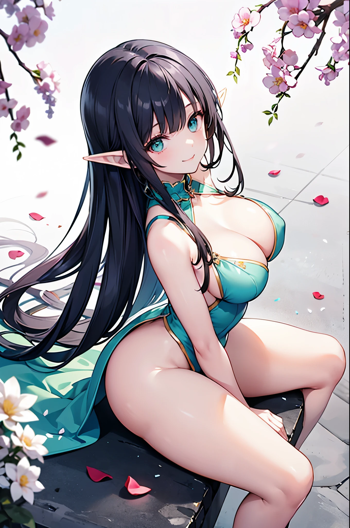 realistic image, detailed image, coherent image, 1 beautiful elf, she has very long hair, black hair, turquoise eyes, smiling, She is wearing a dress, showing her legs, She has a curvy body, medium breasts and thick thighs , She is sitting, posing sensually, arching her back, sprouting breasts, full body view, view from above, flower petals falling around, background surrounded by flowers, Soft focus, Dramatic shadows, Volumetric lighting, natural lighting, illumination artificial, white background, soft background,bzyyzg \(manaka nemu\)