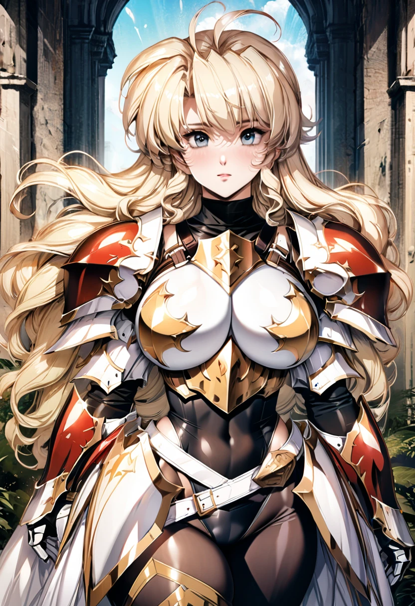 ((highest quality)), ((masterpiece)), ((hyperrealistic)), (detailed background), solo, 1girl, ((curvy: 1.2)), kawaii, ((armored dress: 1.3)), langrisser, Blonde berry long wavy hair, Ahoge, (paladin magic armor), ((black tight-fitting leotard bodysuit)), ((huge breasts)), ((arm guard gauntlet)), (metal harness breastplate), body harness, belt waist armor, ((zettai ryouiki knee socks boots)), (big butt), (cleavage cutout), (Groin), (thighs), beautiful aqua eyes, droopy eyes, perfect face, Perfect hands, perfect fingers, Blue sky and grassland, Open arms pose,