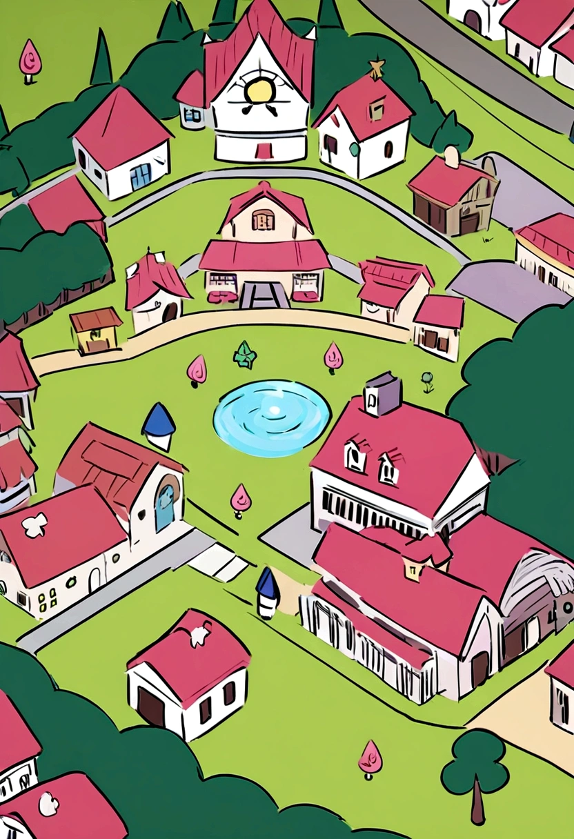 Make the background a modern residential area in the style of the cartoon series Gravity Falls and Star vs the Forces of Evil with an aerial view