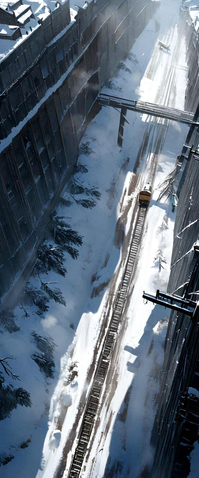 There is a train accident on the tracks.，snow storm，4k, aerial view bird&#39;s eye view
