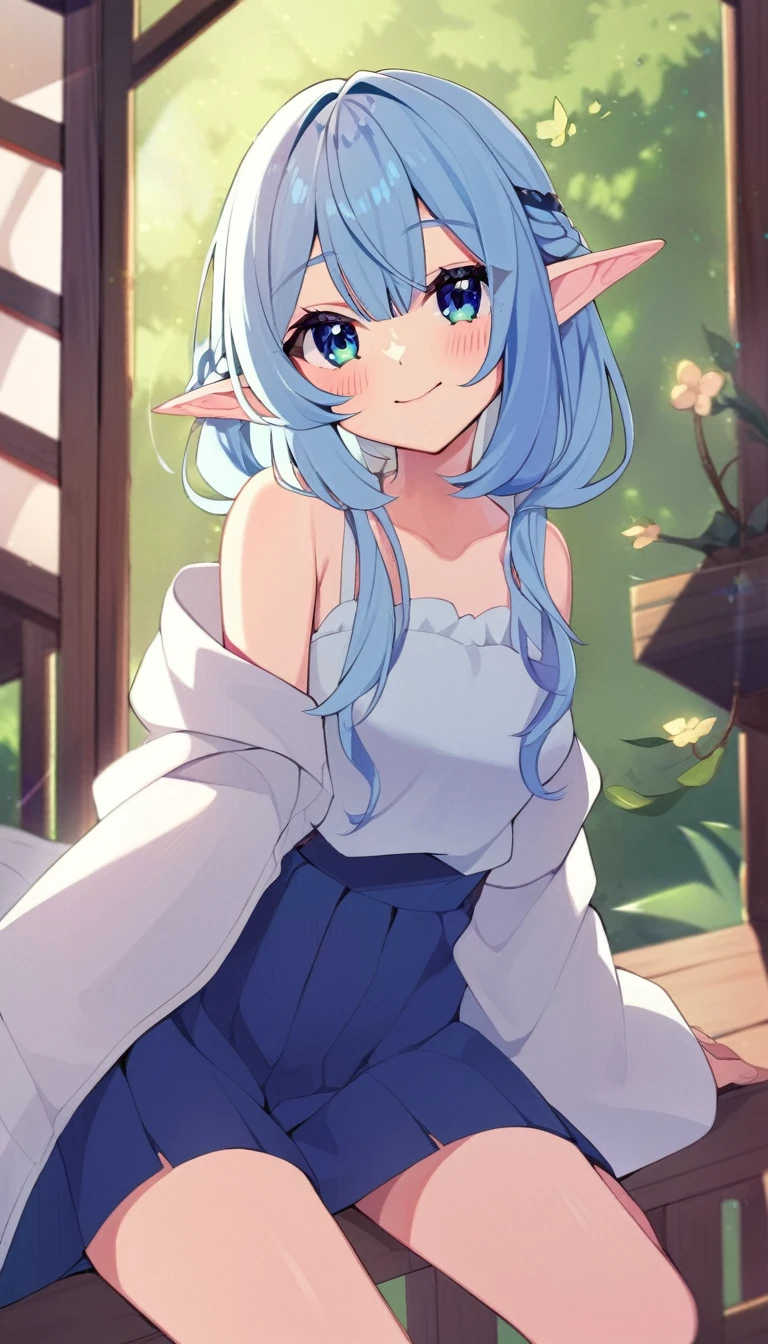 one girl, elf, pure. naive, cute, blue hair