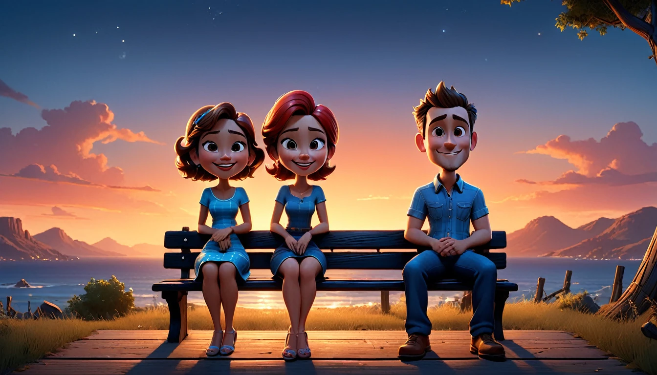 A vibrant 3D cartoon style full-body caricature with a big head, rendered in exquisite detail, depicts a young couple sitting cozily on a weathered black wooden bench, surrounded by a warm reddish-blue atmosphere reminiscent of a picturesque evening sky. Soft, golden photographic lighting casts a flattering glow, accentuating the duo's excited expressions. With an exaggerated, Unreal Engine-inspired aesthetic, the image pops with a vibrant color palette, while the subtle ring light adds depth and dimensionality, evoking the cinematic quality of a Pixar animation.