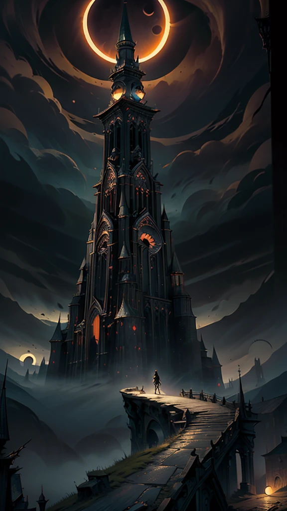 (masterpiece:1.5), Highest quality, Very detailed, Dark fantasy tower with pointed roof, Wide base, Dark Tower, Centered focus, View from the bottom of the tower, Apocalypse, (eclipse:1.4), landscape, Dark atmosphere, Dark Fantasy Style, amazing emotions, Red, black and orange colors, hellsih landscape, Apocalypse的なlandscape, Dark painting, (amazing), no_human, Cinematic, amazing atmosphere, Foggy ground, 終末的なlandscape
