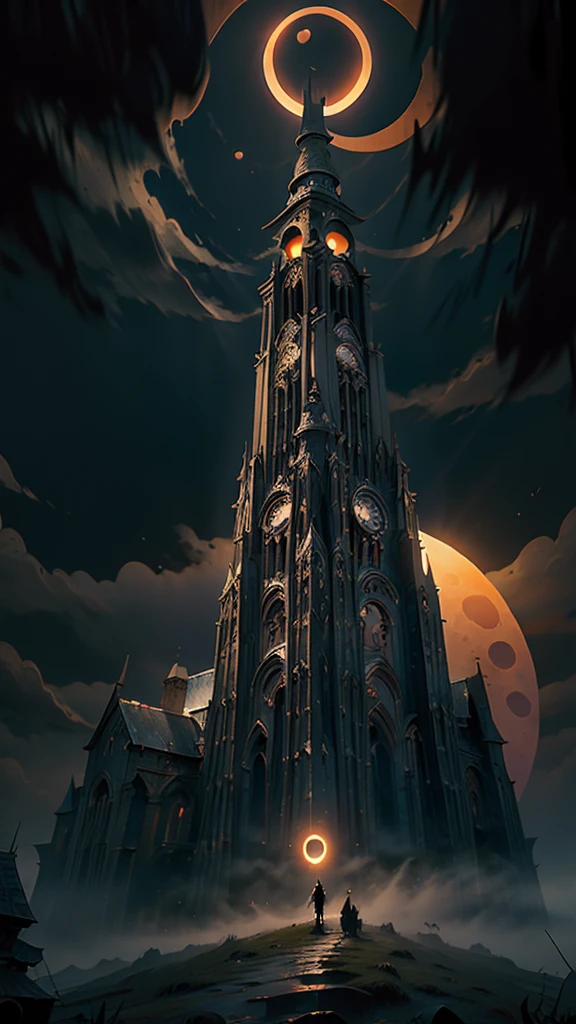 (masterpiece:1.5), Highest quality, Very detailed, Dark fantasy tower with pointed roof, Wide base, Dark Tower, Centered focus, View from the bottom of the tower, Apocalypse, (eclipse:1.4), landscape, Dark atmosphere, Dark Fantasy Style, amazing emotions, Red, black and orange colors, hellsih landscape, Apocalypse的なlandscape, Dark painting, (amazing), no_human, Cinematic, amazing atmosphere, Foggy ground, 終末的なlandscape