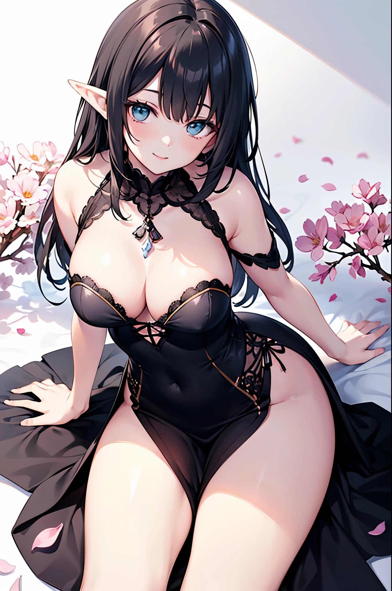 realistic image, detailed image, coherent image, 1 beautiful elf, she has very long hair, black hair, turquoise eyes, smiling, She is wearing a dress, showing her legs, She has a curvy body, medium breasts and thick thighs , She is sitting, posing sensually, arching her back, sprouting breasts, full body view, view from above, flower petals falling around, background surrounded by flowers, Soft focus, Dramatic shadows, Volumetric lighting, natural lighting, illumination artificial, white background, soft background,bzyyzg \(manaka nemu\)